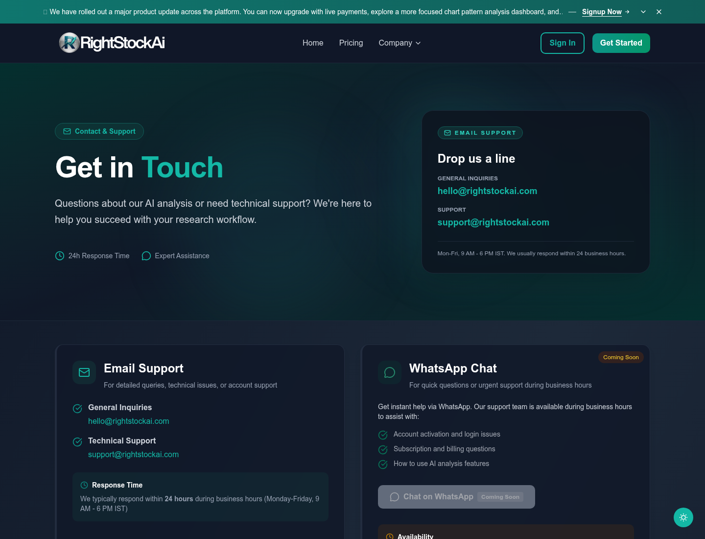RightStockAI contact page